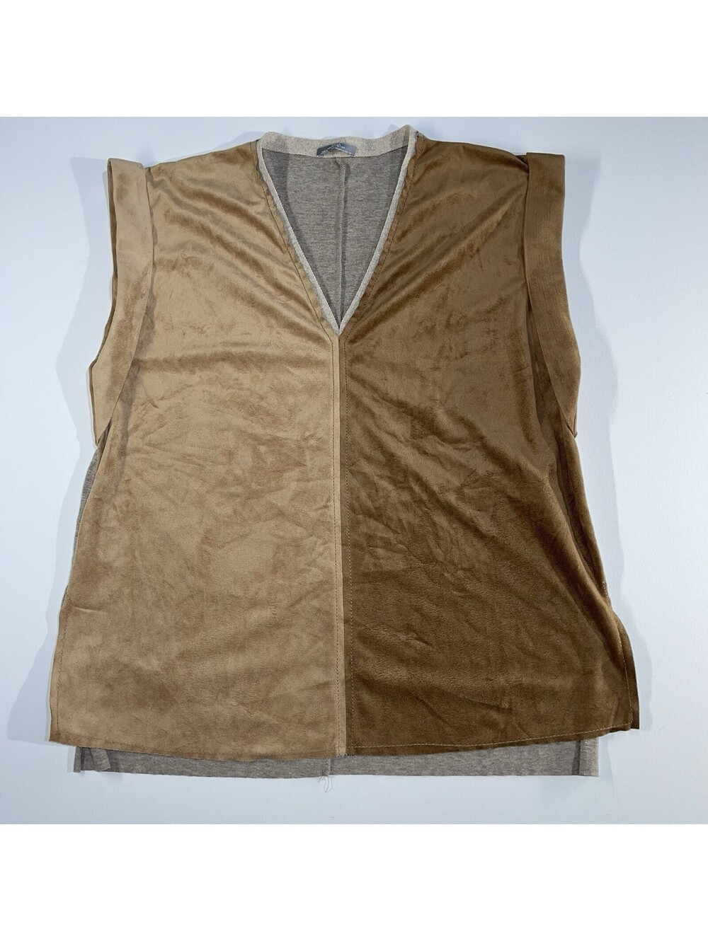 Zara Womens Short Sleeve Faux Suede Top Medium Color Block Brown Khaki Blouse